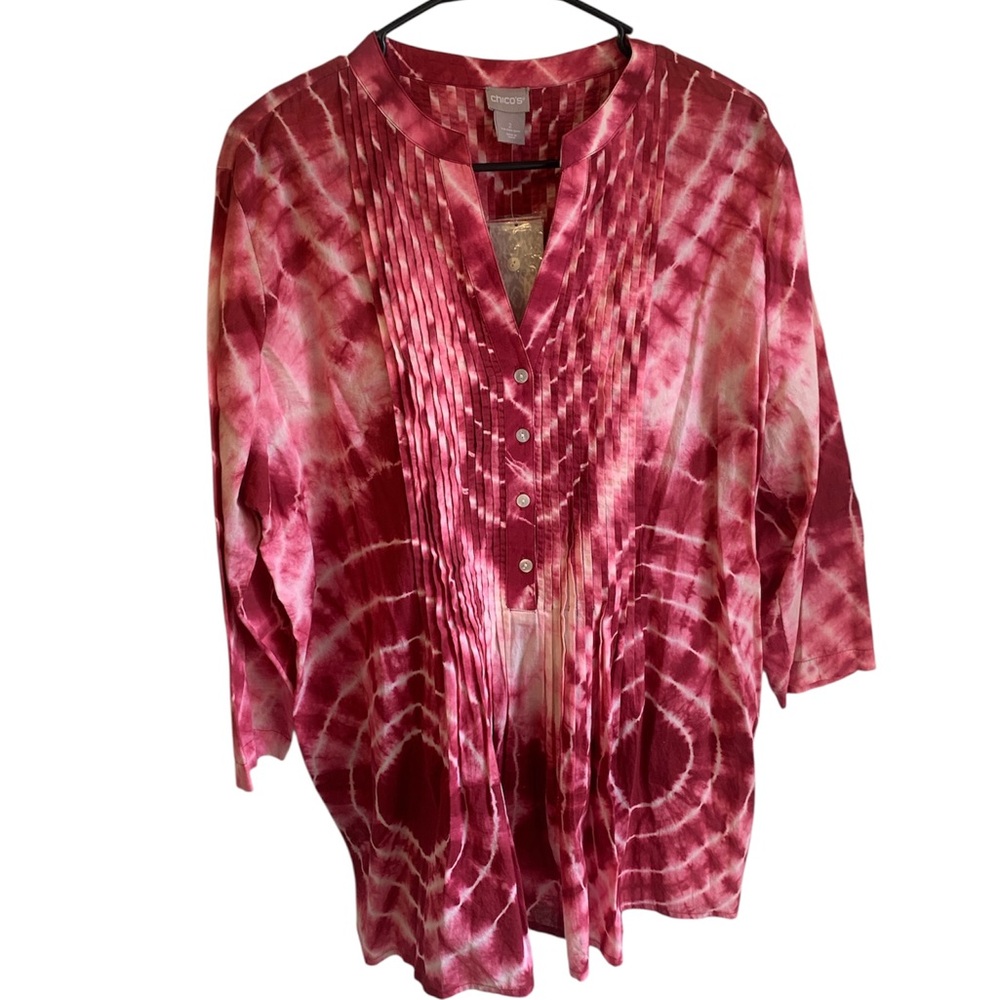 Chico's Magenta and Cream Tie-Dye Pintuck Tunic NWT Size 2
